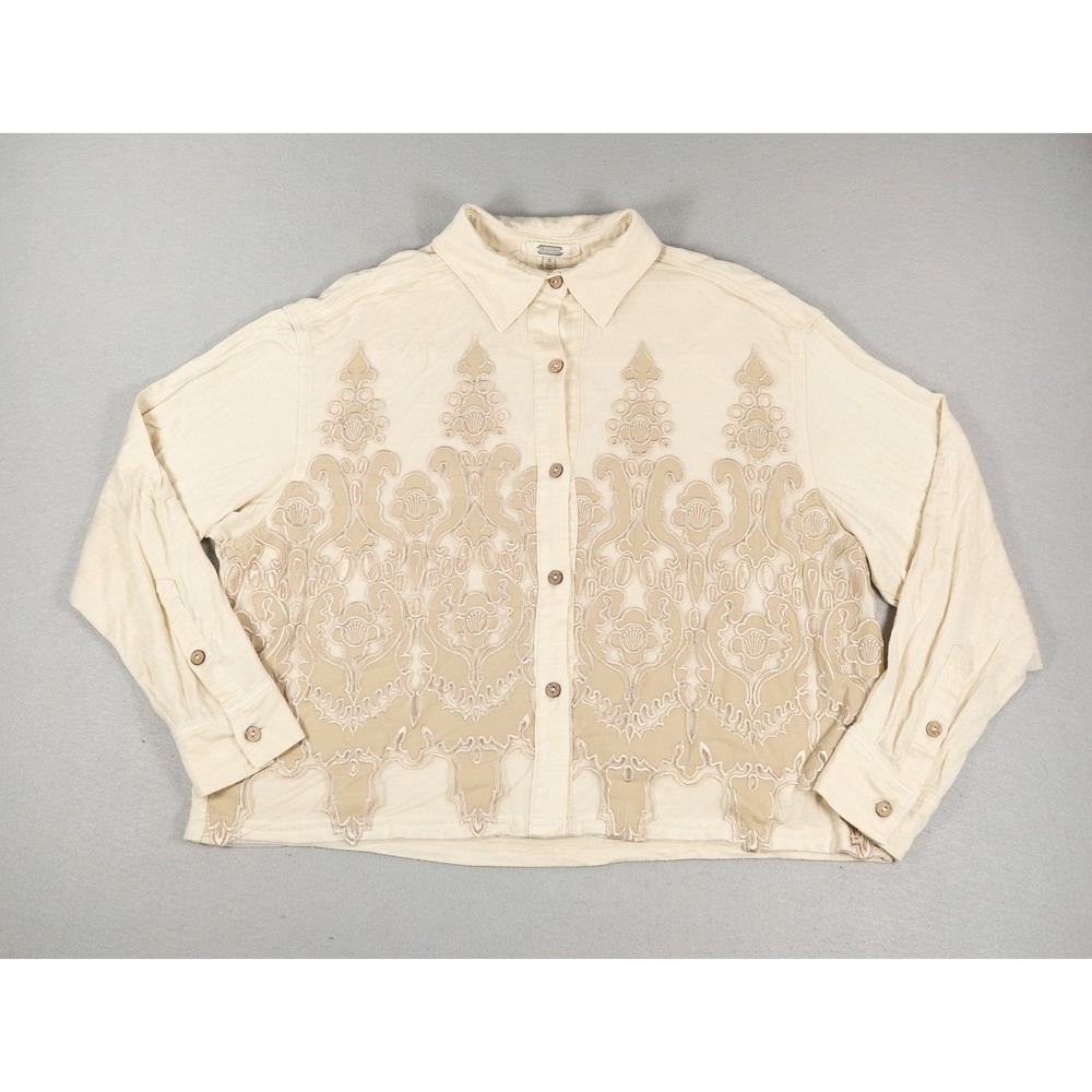 Gimmicks Womens Shirt S Cream Embroidered Applique Slub Knit Button Front Boho
